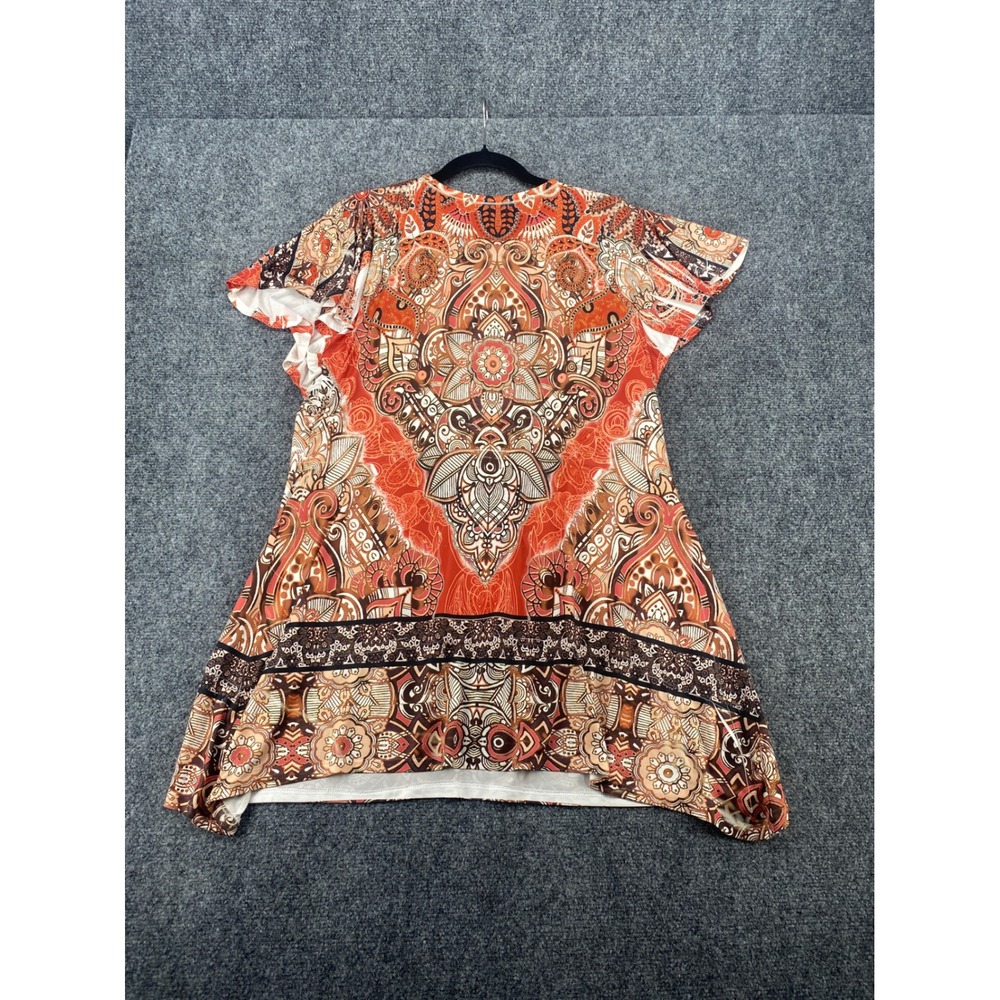 One World Tunic Top Womens Large Orange Brown Paisley Sequin Boho Short Sleeve L
